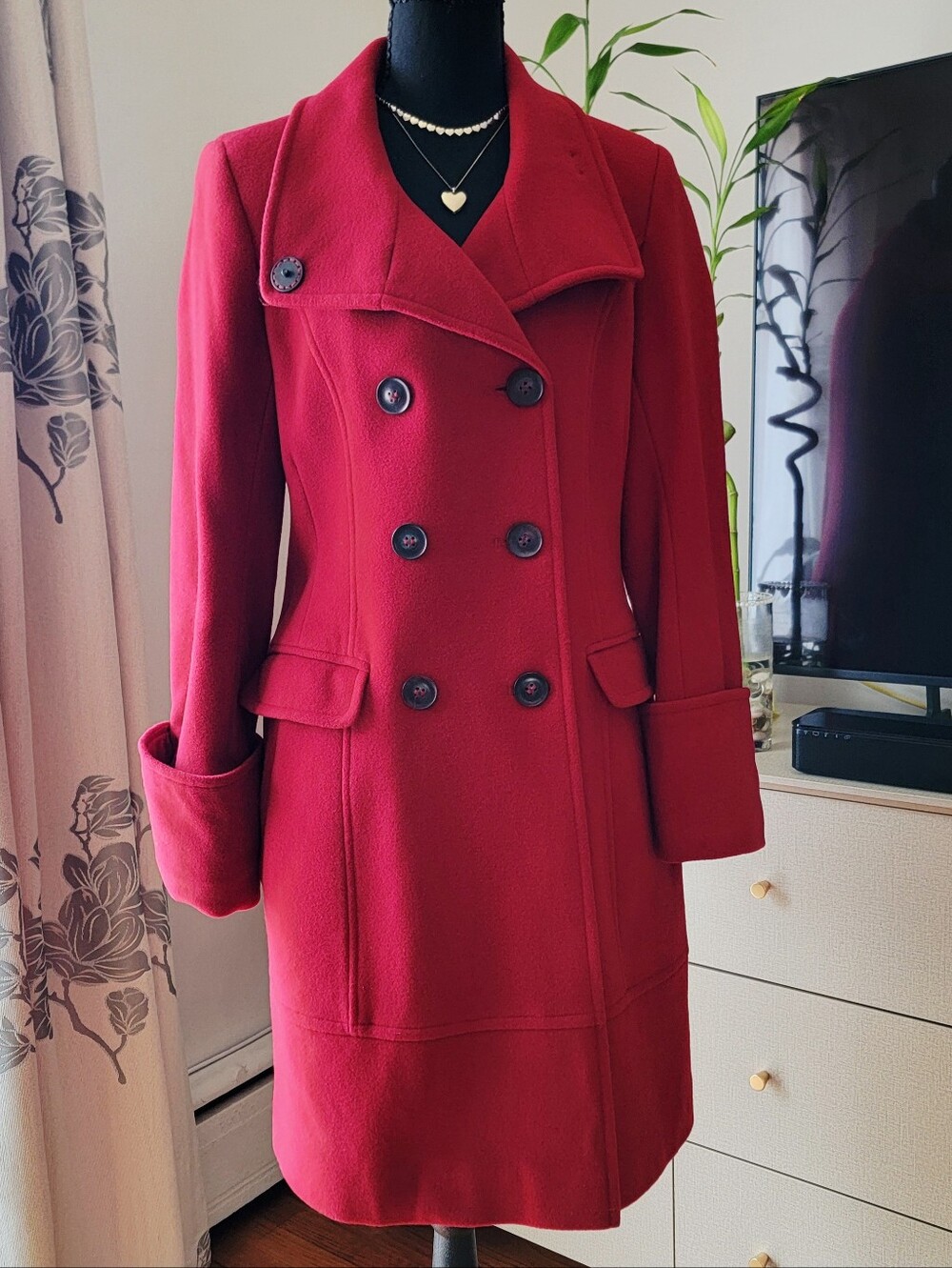 DKNY Lacquer Red Wool Cashmere Blend Double Breasted Long Pea Coat - Size 6